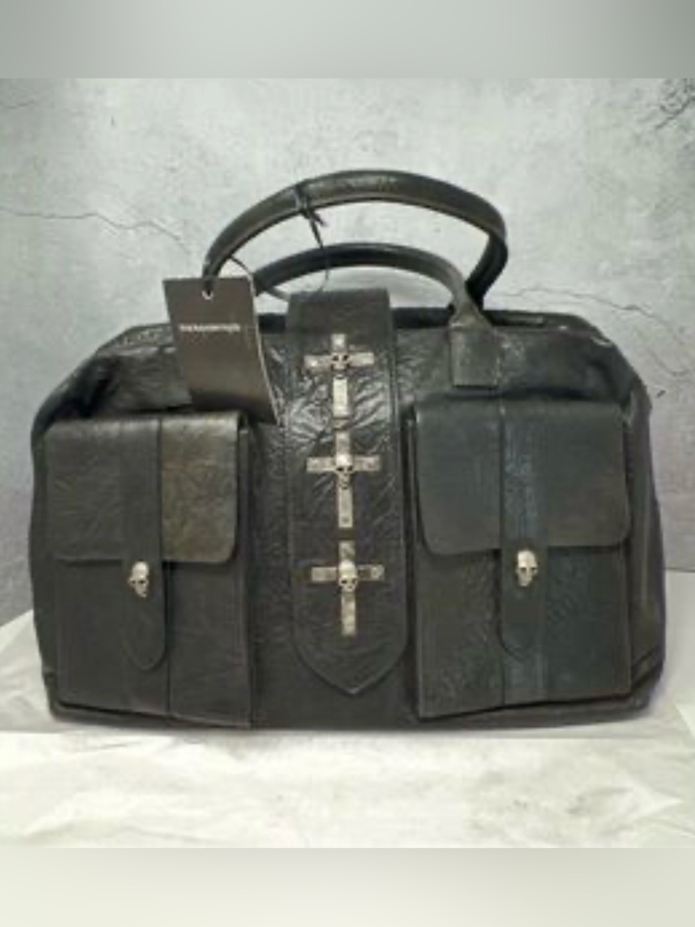 Thomas Wylde Grey  Leather Duffel type Tote Bag with Front  Skull Pockets